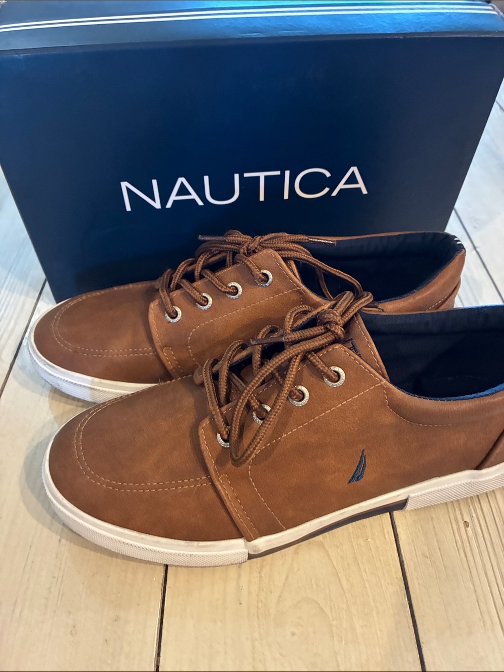 Nautica Boys Tan/Brown Leather-Look Boat Shoes
